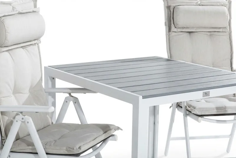 Tunis Spisebordssæt 90x90 + 2 Maggie Positionsstol m. Hynde - Hvid/Grå/Offwhite - Havemøbler - Udendørsgruppe - Havesæt