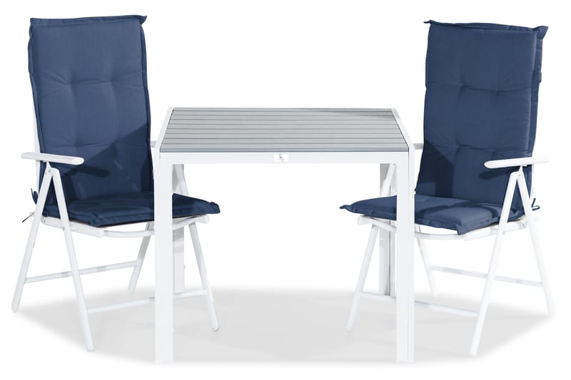 Tunis Spisebordssæt 90x90 + 2 Maggie Positionsstol m. Hynde - Hvid/Grå/Blå - Havesæt
