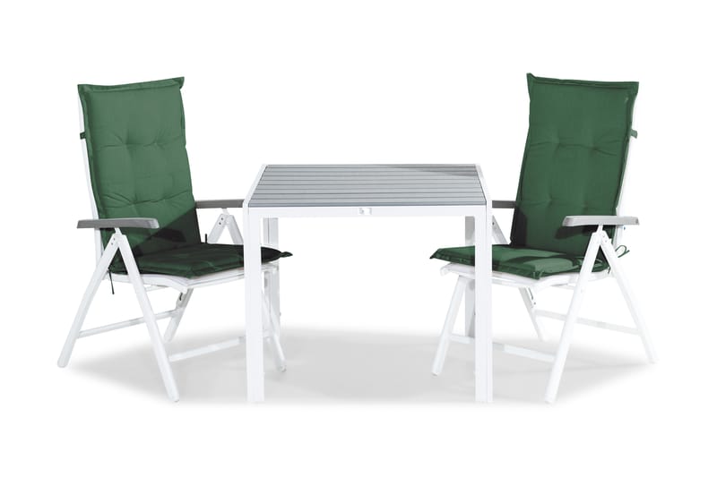 Tunis Spisebordssæt 90x90 + 2 Monaco Lyx Positionsstol m. Hy - Hvid/Grøn - Havesæt