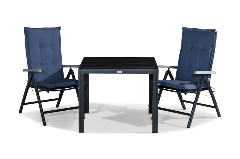 Tunis Spisebordssæt 90x90 + 2 Monaco Lyx Positionsstol m. Hy, Sort/Grå/Blå