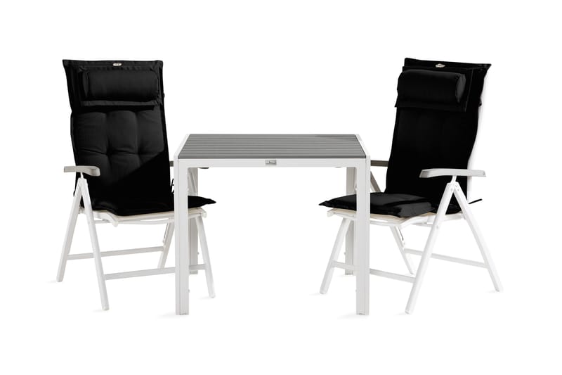 Tunis spisebordssæt 90x90 + 2 Monaco stillingsstol med hynde - Hvid / grå / sort - Havesæt