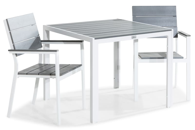 Tunis Spisebordssæt 90x90 + 2 Stabelstole - Hvid/Grå - Havesæt