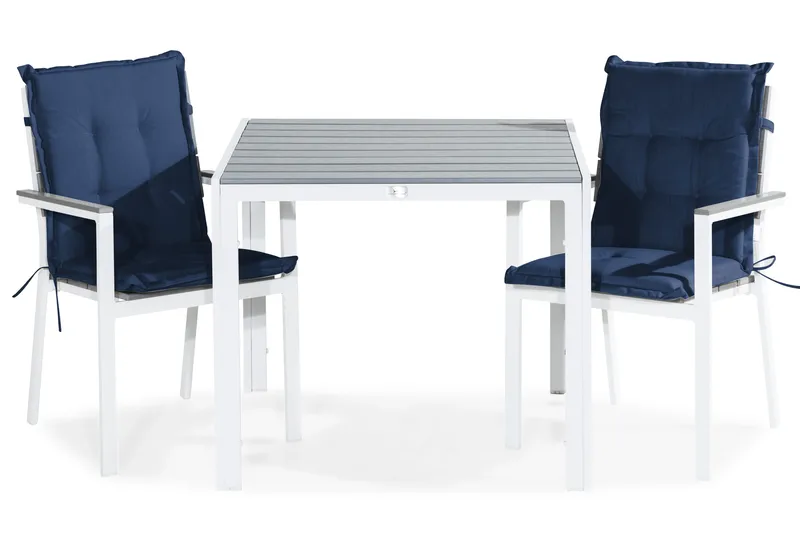 Tunis Spisebordssæt 90x90 + 2 Stabelstole m. Hynde - Hvid/Grå/Blå - Havemøbler - Udendørsgruppe - Havesæt