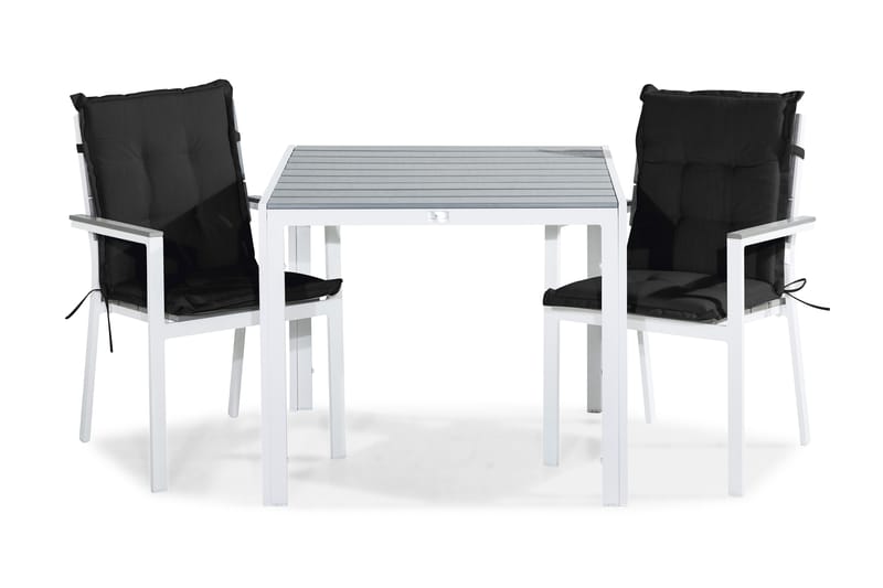 Tunis Spisebordssæt 90x90 + 2 Stabelstole m. Hynde - Hvid/Grå/Sort - Havesæt