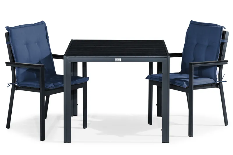 Tunis Spisebordssæt 90x90 + 2 Stabelstole m. Hynde - Sort/Blå - Havemøbler - Udendørsgruppe - Havesæt
