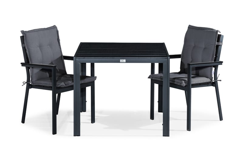 Tunis Spisebordssæt 90x90 + 2 Stabelstole m. Hynde - Sort/Grå - Havesæt