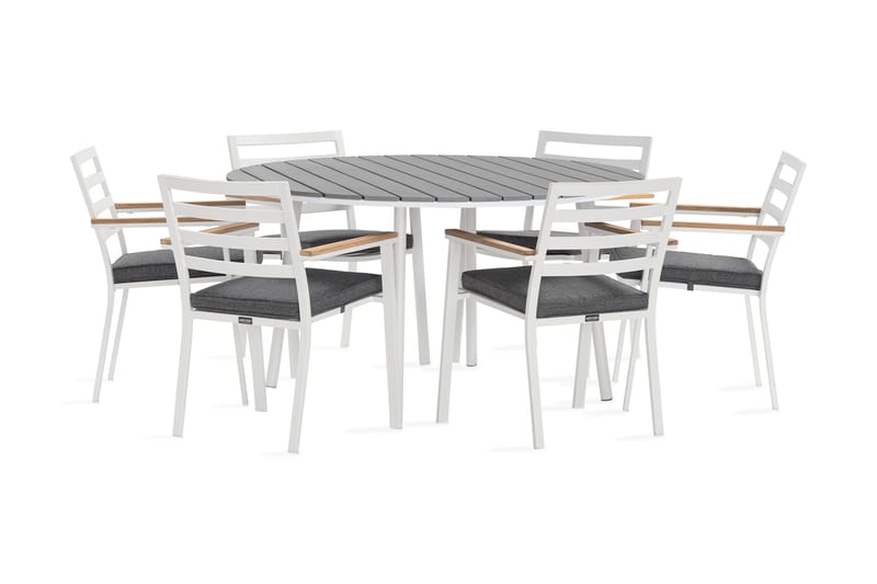 Tunis Spisegruppe Rund 140 cm + 6 Oliver Spisestol, Alu/Hvid