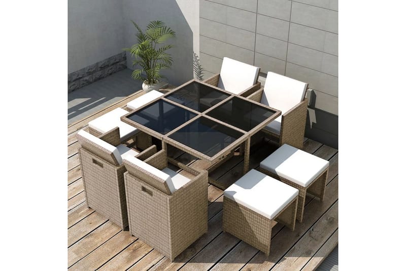 Udendørs Spisebordssæt 9 Dele Med Hynder Polyrattan Beige - Beige - Havemøbler - Udendørsgruppe - Havesæt