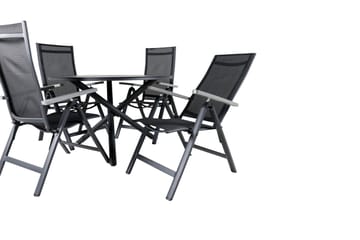 Udendørs spisegruppe Alma spisebord - sort alu - ø120 cm + Albany Light 5-pos. - sort / sort textilene og grå teak_4 Sort/Grå - Havemøbler - Udendørsgruppe - Havesæt