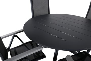 Udendørs spisegruppe Alma spisebord - sort alu - ø120 cm + Albany Light 5-pos. - sort / sort textilene og grå teak_4 Sort/Grå - Havemøbler - Udendørsgruppe - Havesæt