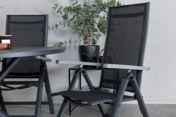 Udendørs spisegruppe Alma spisebord - sort alu - ø120 cm + Albany Light 5-pos. - sort / sort textilene og grå teak_4 Sort/Grå - Havemøbler - Udendørsgruppe - Havesæt