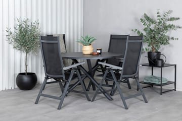 Udendørs spisegruppe Alma spisebord - sort alu - ø120 cm + Albany Light 5-pos. - sort / sort textilene og grå teak_4 Sort/Grå - Havemøbler - Udendørsgruppe - Havesæt