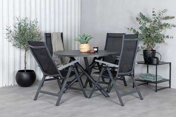 Udendørs spisegruppe Alma spisebord - sort alu - ø120 cm + Albany Light 5-pos. - sort / sort textilene og grå teak_4 Sort/Grå - Havemøbler - Udendørsgruppe - Havesæt
