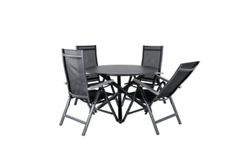 Udendørs spisegruppe Alma spisebord - sort alu - ø120 cm + Albany Light 5-pos. - sort / sort textilene og grå teak_4 Sort/Grå - Havemøbler - Udendørsgruppe - Havesæt