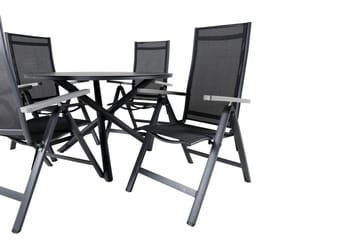 Udendørs spisegruppe Alma spisebord - sort alu - ø120 cm + Albany Light 5-pos. - sort / sort textilene og grå teak_4 Sort/Grå - Havemøbler - Udendørsgruppe - Havesæt