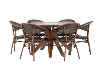 Udendørs spisegruppe Rosario spisebord - teak Ø140 +Vila Real caféstol 2-pak - brun/sort _6 Brun - Havemøbler - Udendørsgruppe - Havesæt