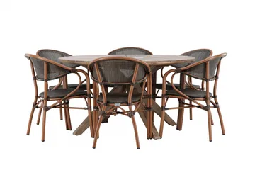 Udendørs spisegruppe Rosario spisebord - teak Ø140 +Vila Real caféstol 2-pak - brun/sort _6 Brun - Havemøbler - Udendørsgruppe - Havesæt