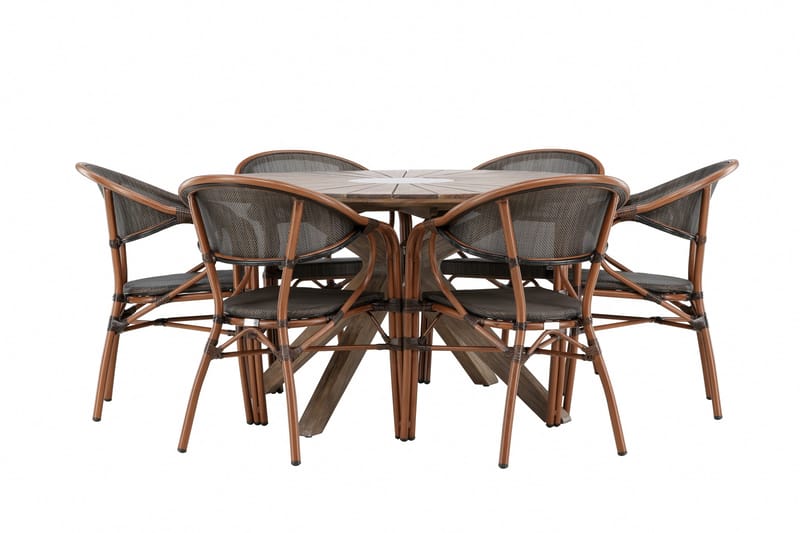 Udendørs spisegruppe Rosario spisebord - teak Ø140 +Vila Real caféstol 2-pak - brun/sort _6 Brun - Havemøbler - Udendørsgruppe - Havesæt