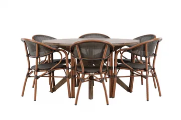 Udendørs spisegruppe Rosario spisebord - teak Ø140 +Vila Real caféstol 2-pak - brun/sort _6 Brun - Havemøbler - Udendørsgruppe - Havesæt