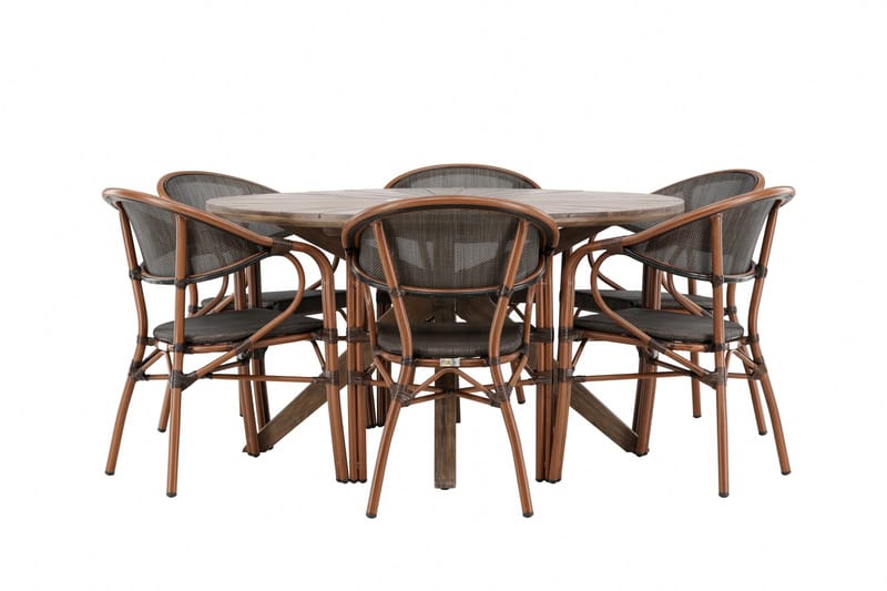 Udendørs spisegruppe Rosario spisebord - teak Ø140 +Vila Real caféstol 2-pak - brun/sort _6 Brun - Havemøbler - Udendørsgruppe - Havesæt