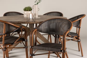 Udendørs spisegruppe Rosario spisebord - teak Ø140 +Vila Real caféstol 2-pak - brun/sort _6 Brun - Havemøbler - Udendørsgruppe - Havesæt