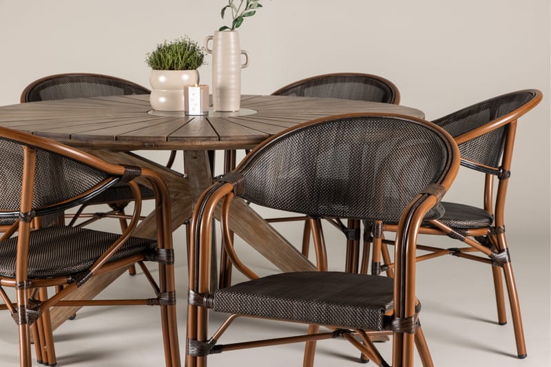 Udendørs spisegruppe Rosario spisebord - teak Ø140 +Vila Real caféstol 2-pak - brun/sort _6 Brun - Havemøbler - Udendørsgruppe - Havesæt