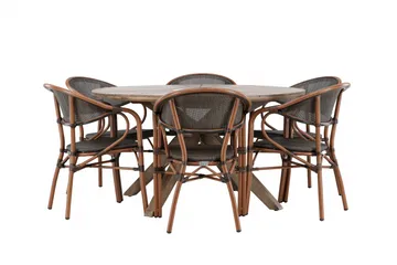 Udendørs spisegruppe Rosario spisebord - teak Ø140 +Vila Real caféstol 2-pak - brun/sort _6 Brun - Havemøbler - Udendørsgruppe - Havesæt