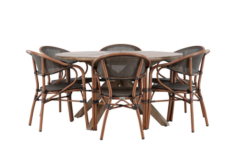 Udendørs spisegruppe Rosario spisebord - teak Ø140 +Vila Real caféstol 2-pak - brun/sort _6 Brun - Havemøbler - Udendørsgruppe - Havesæt
