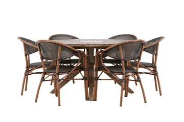Udendørs spisegruppe Rosario spisebord - teak Ø140 +Vila Real caféstol 2-pak - brun/sort _6 Brun - Havemøbler - Udendørsgruppe - Havesæt