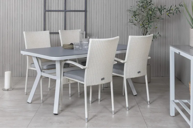 Virya Spisebordssæt 160cm + 4 Anna Stole - Hvid/Grå - Havemøbler - Udendørsgruppe - Havesæt
