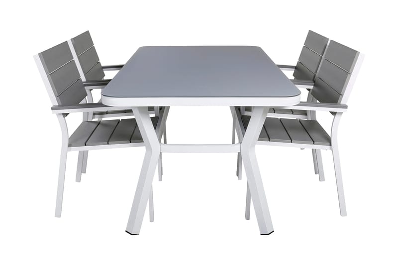 Virya Spisebordssæt 160cm + 4 Levels Stabelbare stole, Hvid/Grå