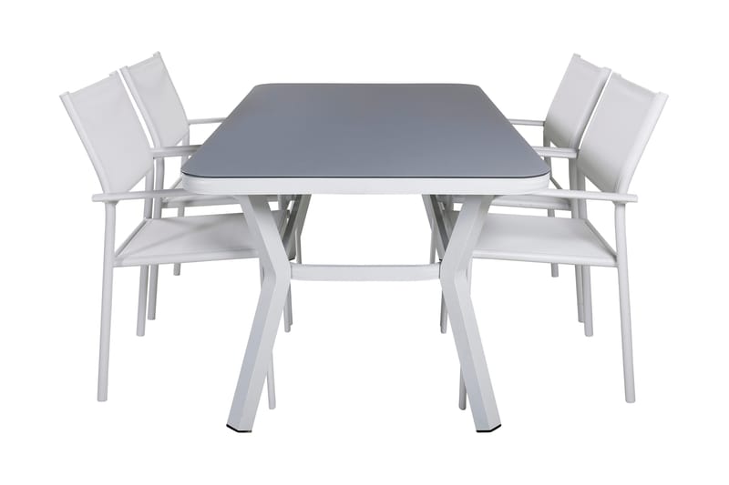 Virya Spisebordssæt 160cm + 4 Santorini Armstole, Hvid/Grå