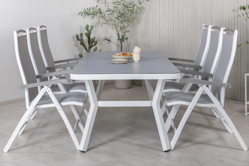 Virya Spisebordssæt 160cm + 6 Albany Positionsstolee - Hvid/Grå - Havemøbler - Udendørsgruppe - Havesæt