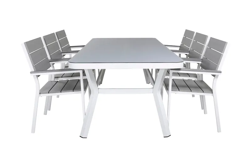 Virya Spisebordssæt 160cm + 6 Levels Stabelbare stole, Hvid/Grå
