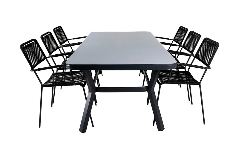 Virya Spisebordssæt 200cm + 6 Lindos Armstole, Sort/Grå