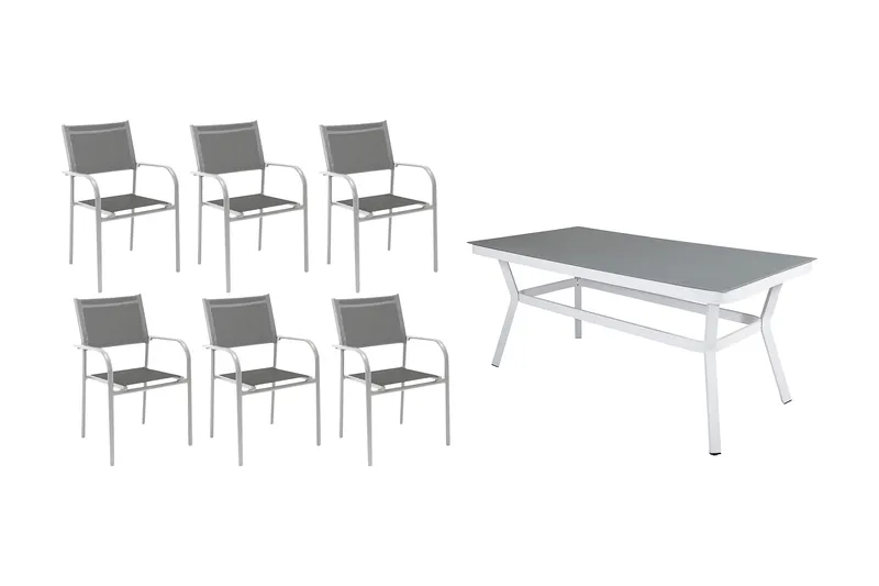 Virya Spisebordssæt 200cm + 6 Santorini Armstole, Hvid/Grå