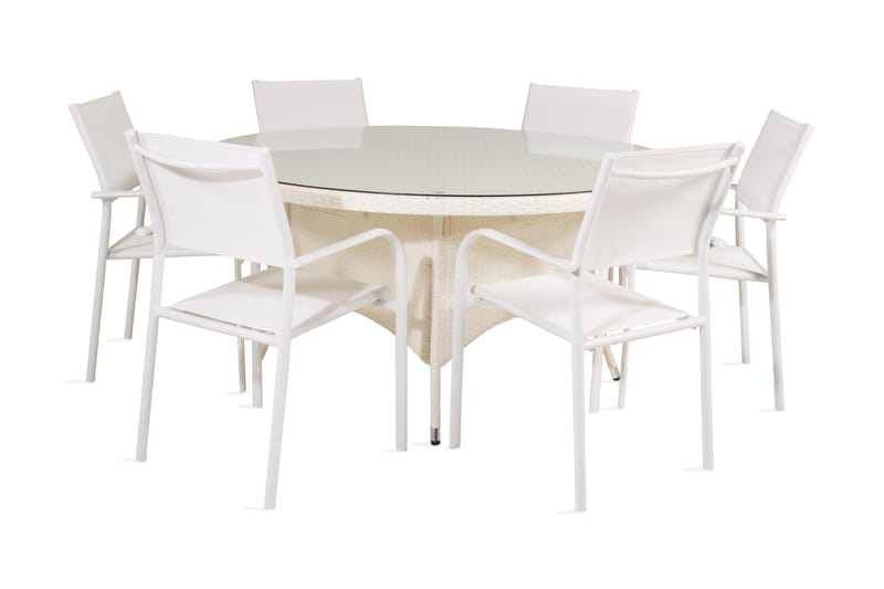 Volta Spisebordssæt Ø150cm + 6 Santorini Armstole Glas/Hvid - Venture Home - Havesæt