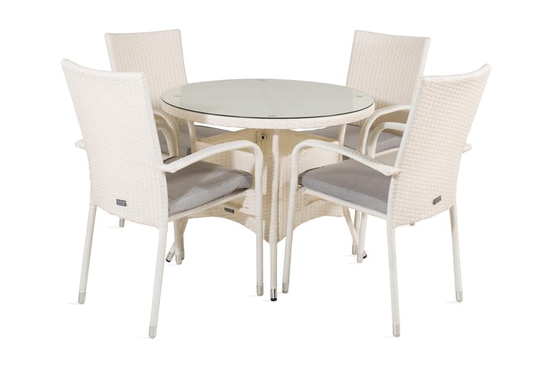 Volta Spisebordssæt Ø90cm + 4 Anna Armstole, Glas/Hvid