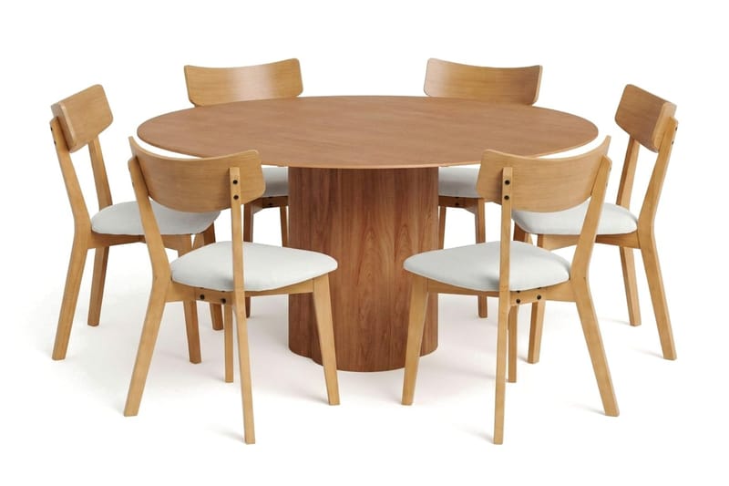 Juno spisegruppe 150 cm rund i eg med 6 Amelia spisestole med hynde - Eg/Beige - Havemøbler - Udendørsgruppe - Havesæt
