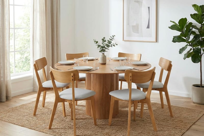 Juno spisegruppe 150 cm rund i eg med 6 Amelia spisestole med hynde - Eg/Beige - Havemøbler - Udendørsgruppe - Havesæt