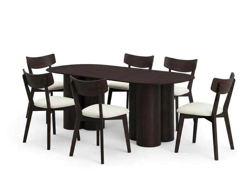 Juno spisegruppe 220 cm rektangulær i røget eg med 6 Amelia spisestole med hynde, Røget eg/Beige