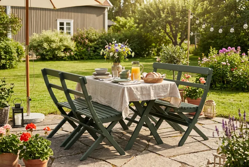 Landet udendørs spisegruppe 118x70x74 cm med 2 sofaer - Grøn - Havemøbler - Udendørsgruppe - Havesæt