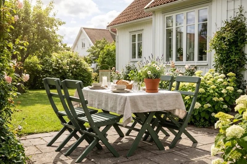 Landet udendørs spisegruppe 118x70x74 cm med 4 klapstole - Grøn - Havemøbler - Udendørsgruppe - Havesæt