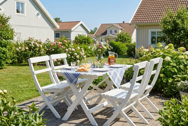 Landet udendørs spisegruppe 118x70x74 cm med 4 klapstole - Hvid - Havemøbler - Udendørsgruppe - Havesæt