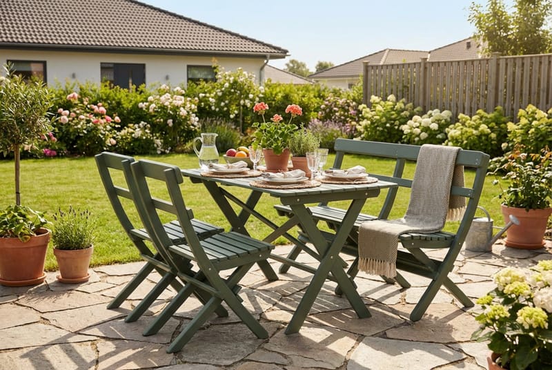 Landet udendørs spisegruppe 118x70x74 cm med sofa og 2 klapstole - Grøn - Havemøbler - Udendørsgruppe - Havesæt