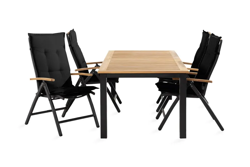 Las Vegas Spisebordssæt 152-210x90 + 4 Stole m. Hynde, Sort/Teak
