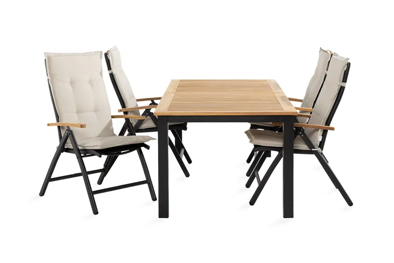 Las Vegas Spisebordssæt 152-210x90 + 4 Stole m. Hynde, Sort/Teak/Hvid