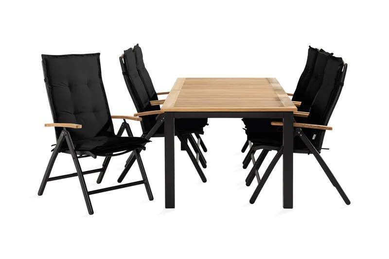 Las Vegas Spisebordssæt 152-210x90 + 6 Stole m. Hynde, Sort/Teak