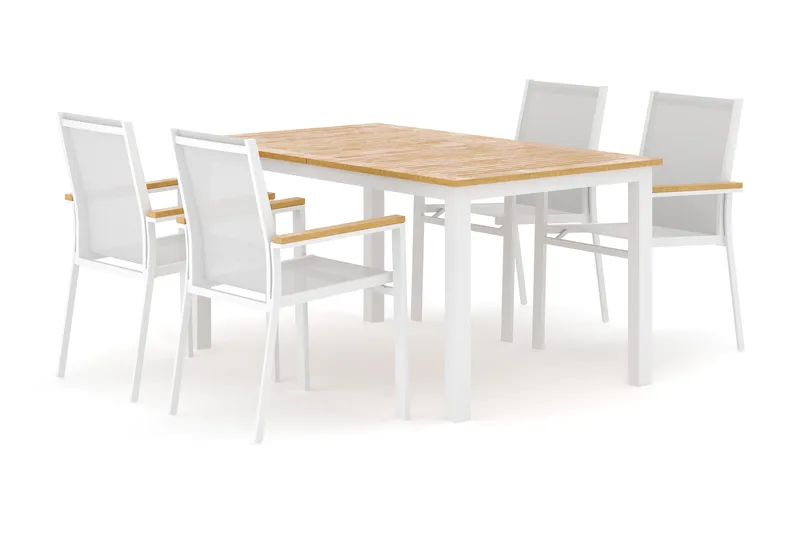 Las Vegas udendørs havemøbelsæt, udtrækkeligt 152-210x90 cm med 4 Las Vegas stabelstole, Hvid