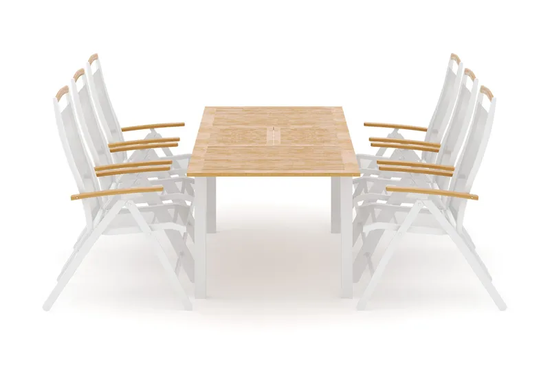 Las Vegas udendørs spisegruppe, udtræksbar 152-210x90 cm med 6 Las Vegas positionsstole, Hvid